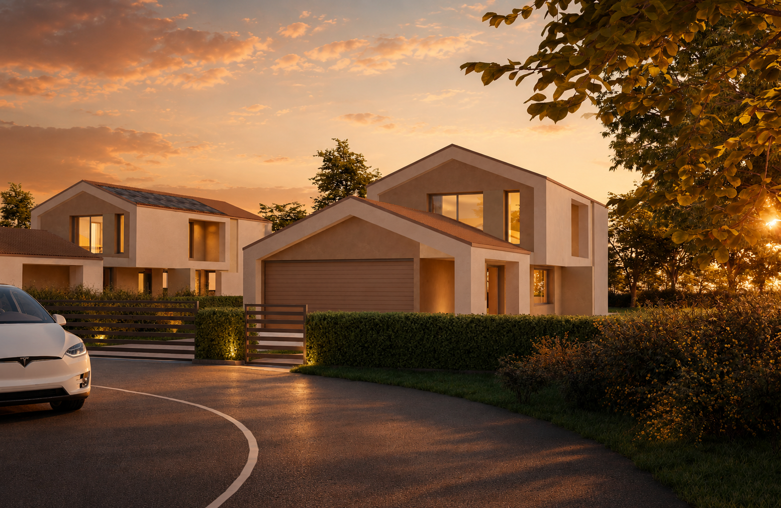 Render architettonico del masterplan di Borgo Montello al tramonto